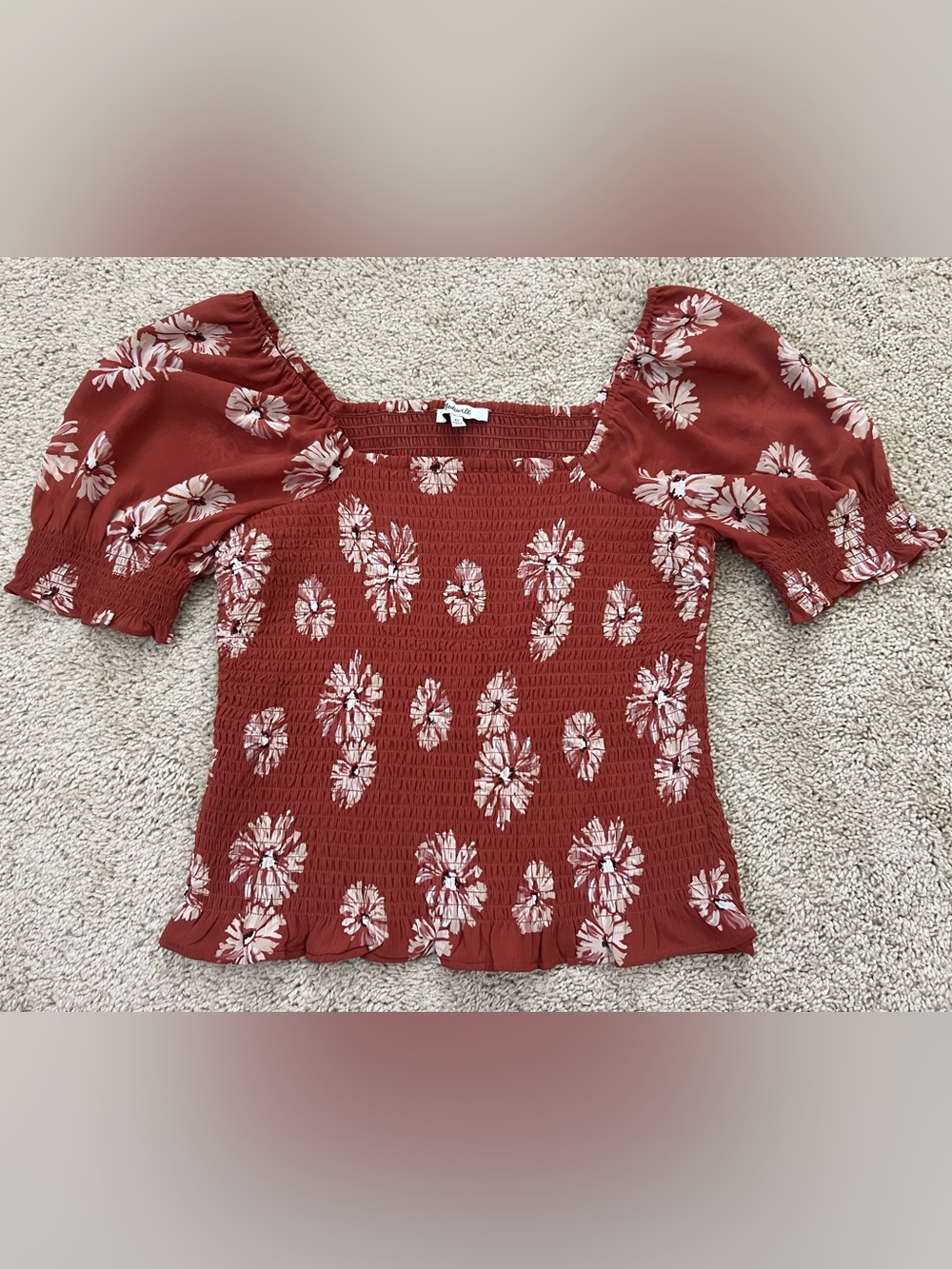 Madewell Womens Georgette Lucie Smocked Top Size XS Puff Sleeve Floral Rust